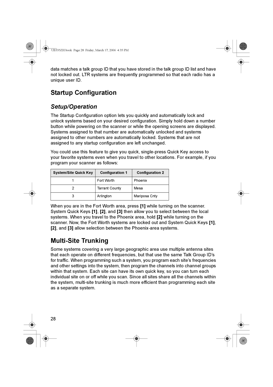 Uniden BCD996T manual Startup Configuration, Multi-Site Trunking, Setup/Operation 