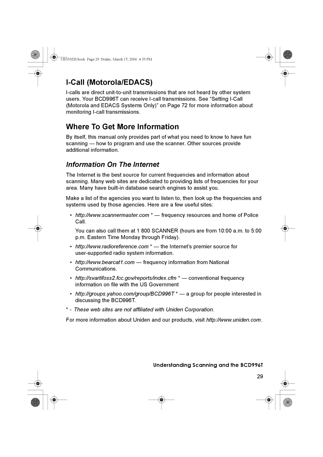 Uniden BCD996T manual Call Motorola/EDACS, Where To Get More Information, Information On The Internet 