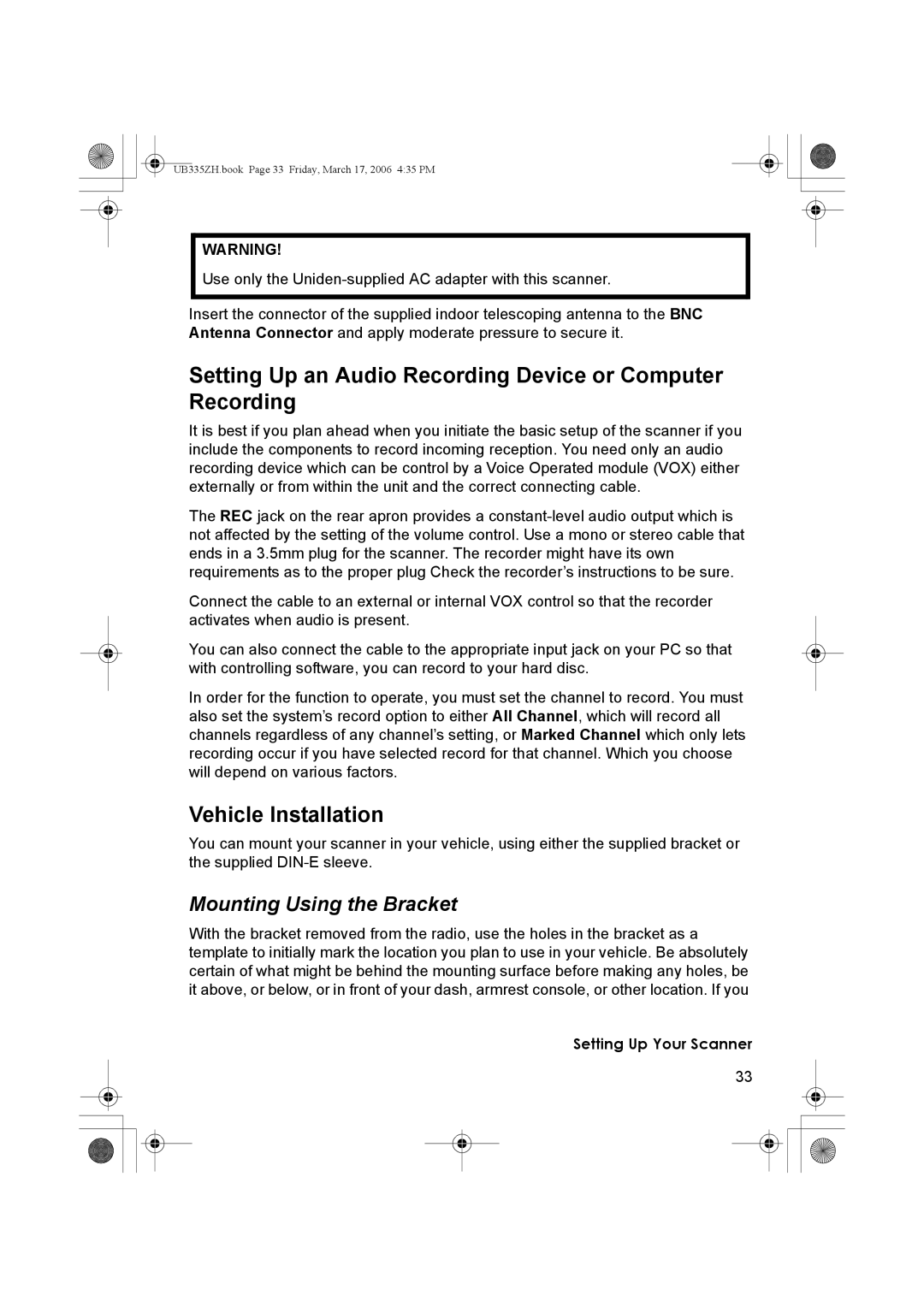 Uniden BCD996T manual Setting Up an Audio Recording Device or Computer Recording, Vehicle Installation 