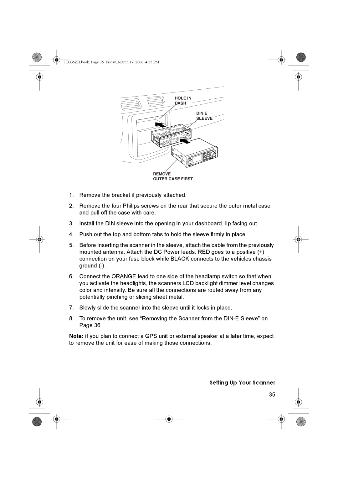 Uniden BCD996T manual Hole Dash DIN E Sleeve Remove Outer Case First 
