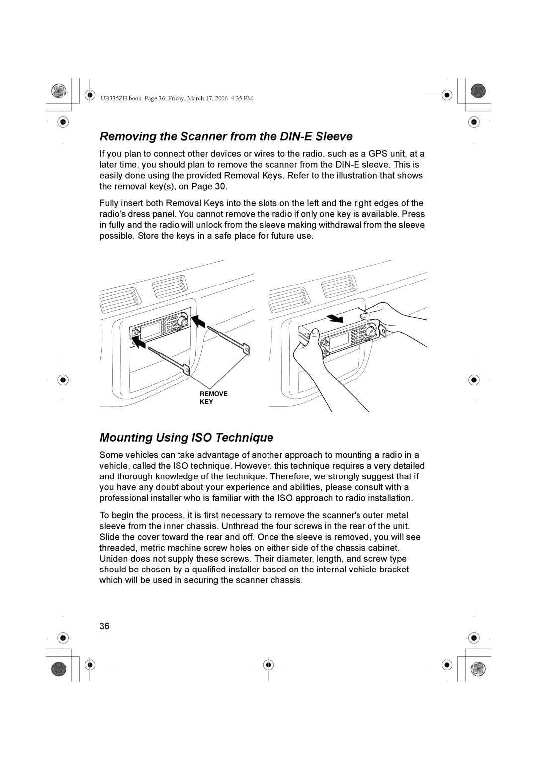 Uniden BCD996T manual Removing the Scanner from the DIN-E Sleeve, Mounting Using ISO Technique 