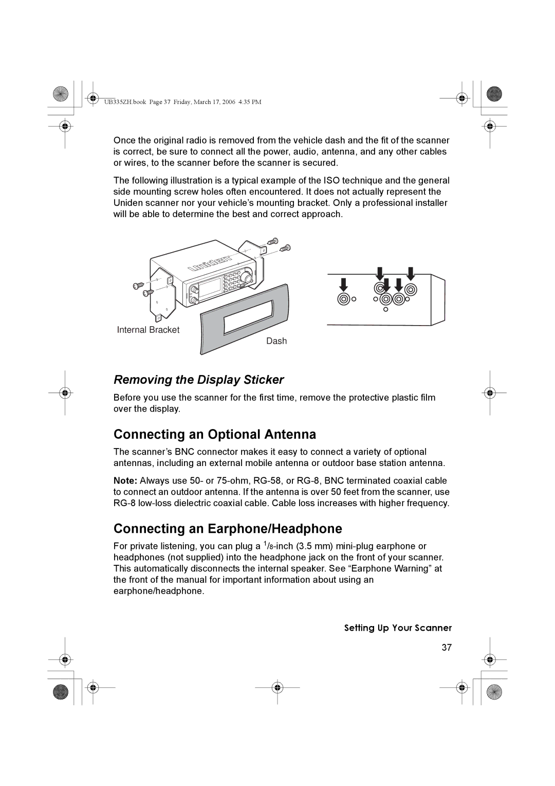 Uniden BCD996T manual Connecting an Optional Antenna, Connecting an Earphone/Headphone, Removing the Display Sticker 