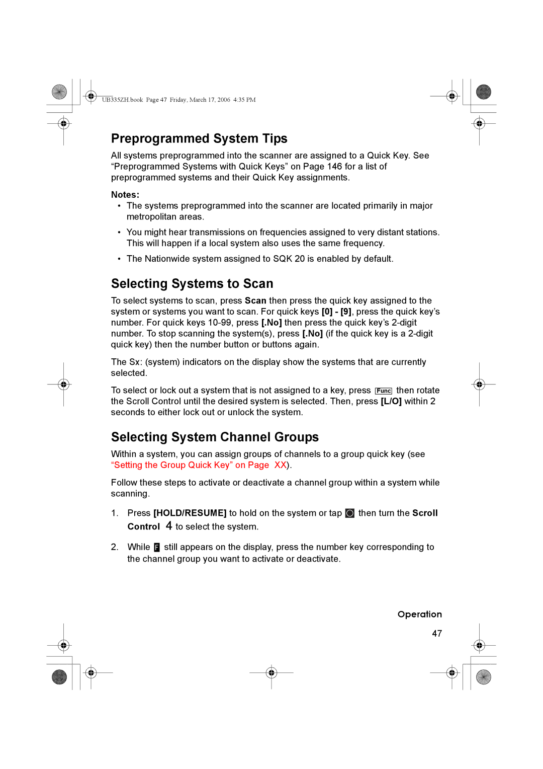 Uniden BCD996T manual Preprogrammed System Tips, Selecting Systems to Scan, Selecting System Channel Groups 