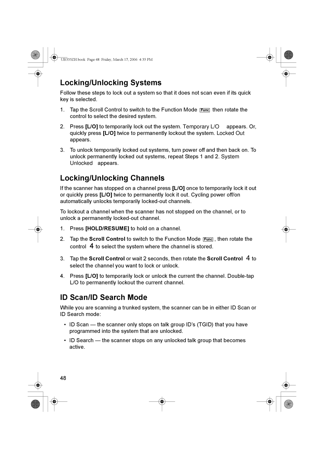 Uniden BCD996T manual Locking/Unlocking Systems, Locking/Unlocking Channels, ID Scan/ID Search Mode 