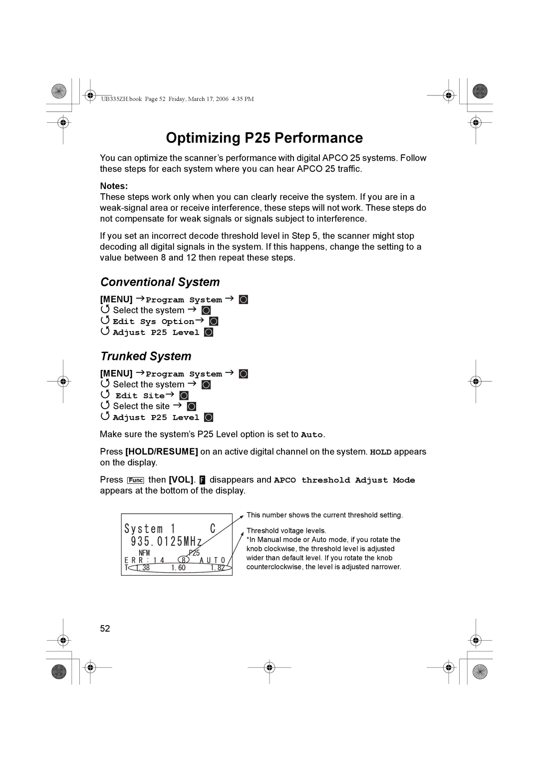 Uniden BCD996T manual Optimizing P25 Performance, Conventional System, Trunked System, Edit Sys Option Adjust P25 Level 