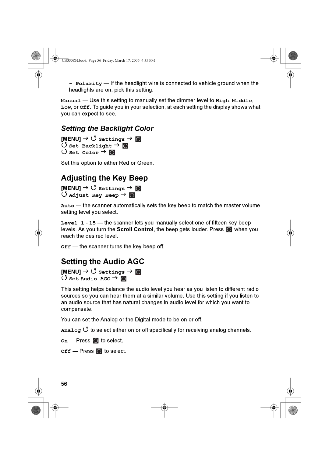 Uniden BCD996T manual Adjusting the Key Beep, Setting the Audio AGC, Setting the Backlight Color 