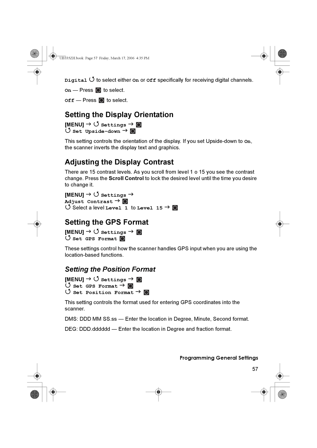 Uniden BCD996T manual Setting the Display Orientation, Adjusting the Display Contrast, Setting the GPS Format 