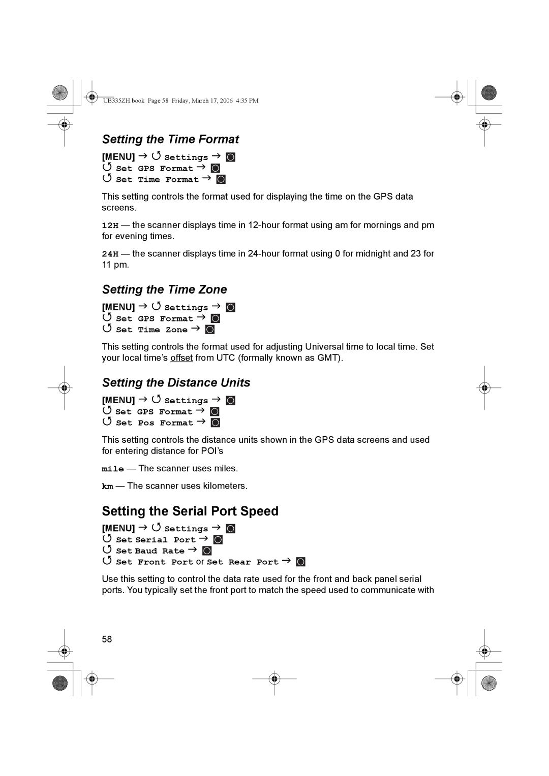 Uniden BCD996T Setting the Serial Port Speed, Setting the Time Format, Setting the Time Zone, Setting the Distance Units 