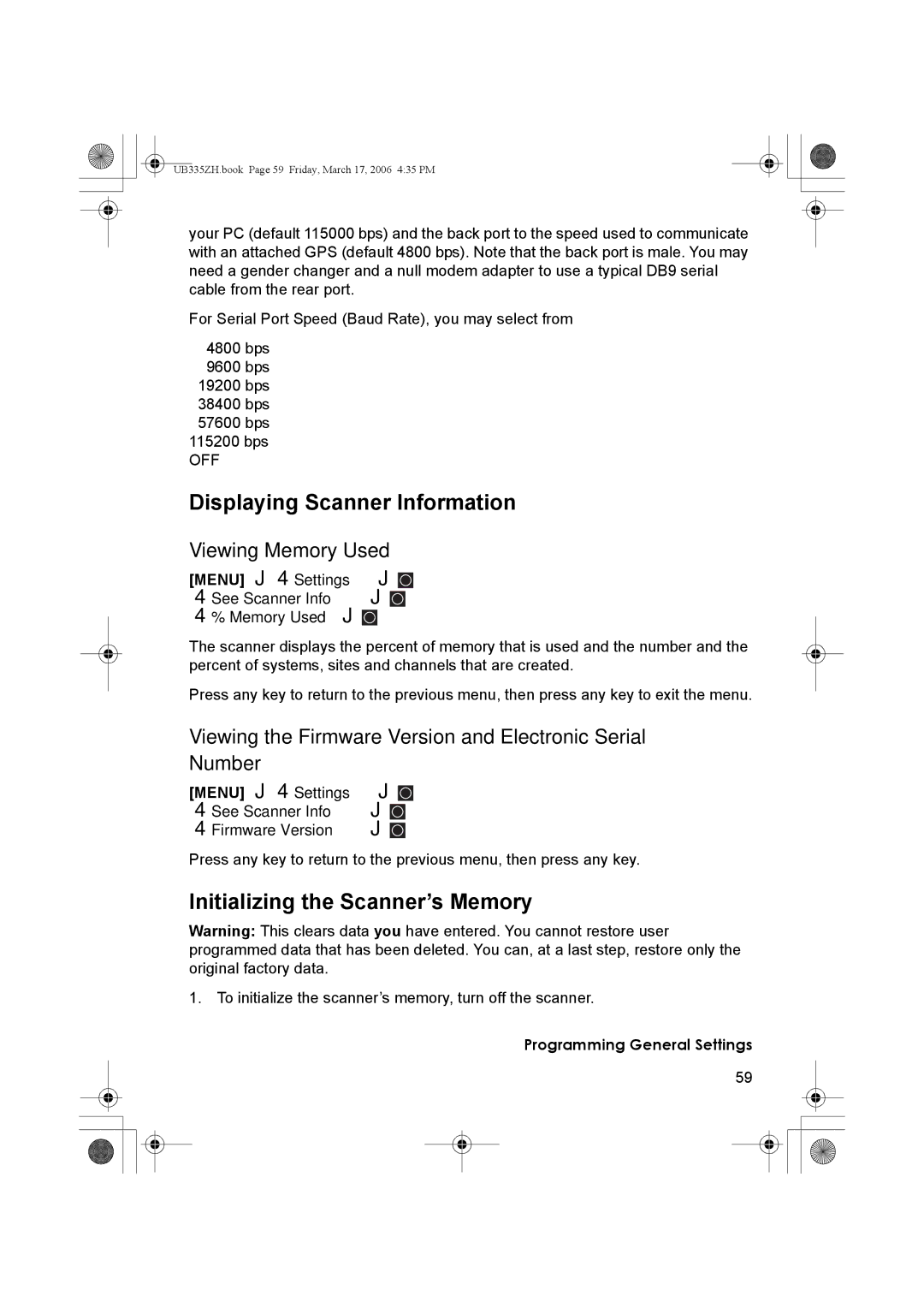 Uniden BCD996T manual Displaying Scanner Information, Initializing the Scanner’s Memory, Viewing Memory Used 