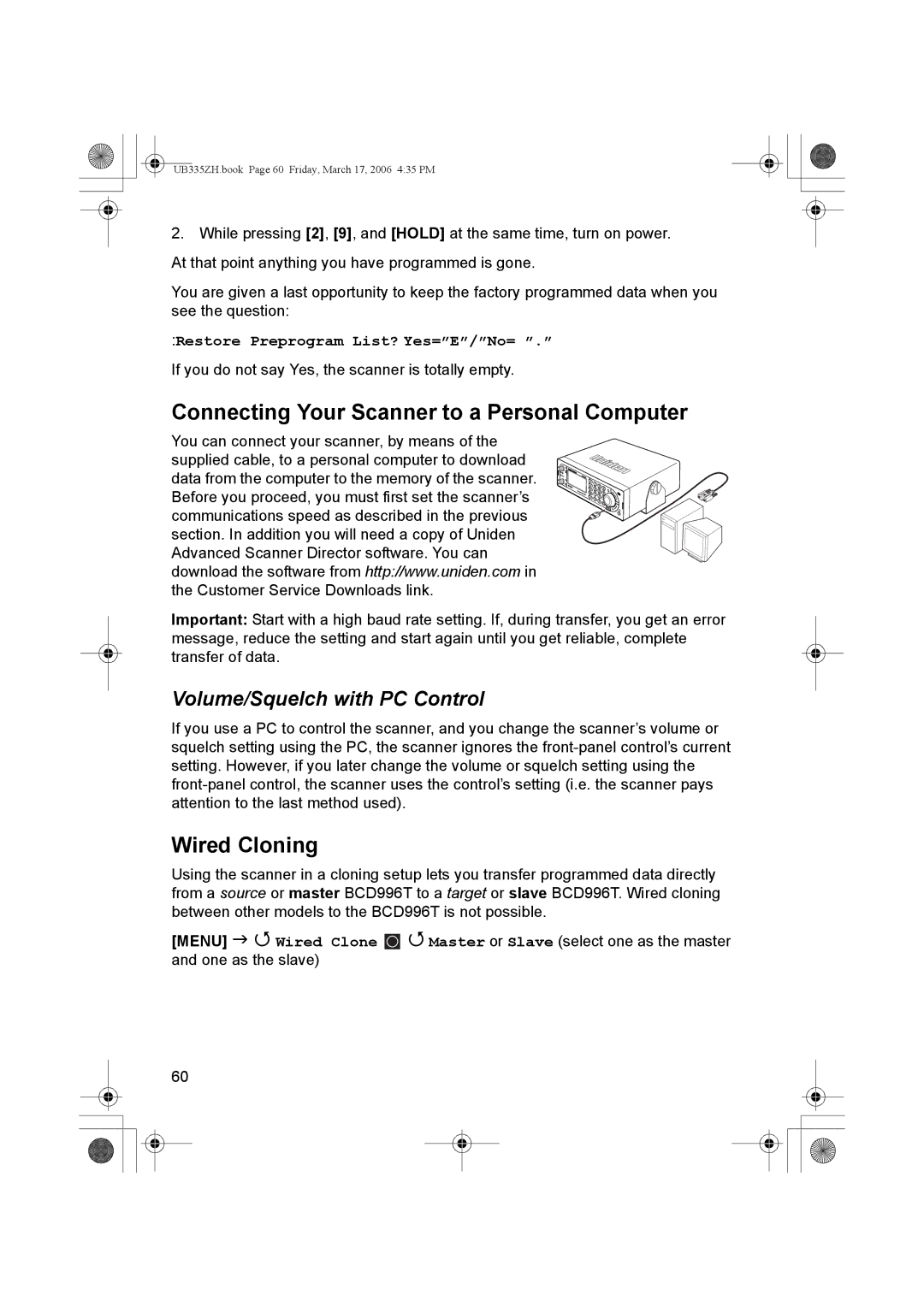 Uniden BCD996T Connecting Your Scanner to a Personal Computer, Wired Cloning, Volume/Squelch with PC Control, Wired Clone 