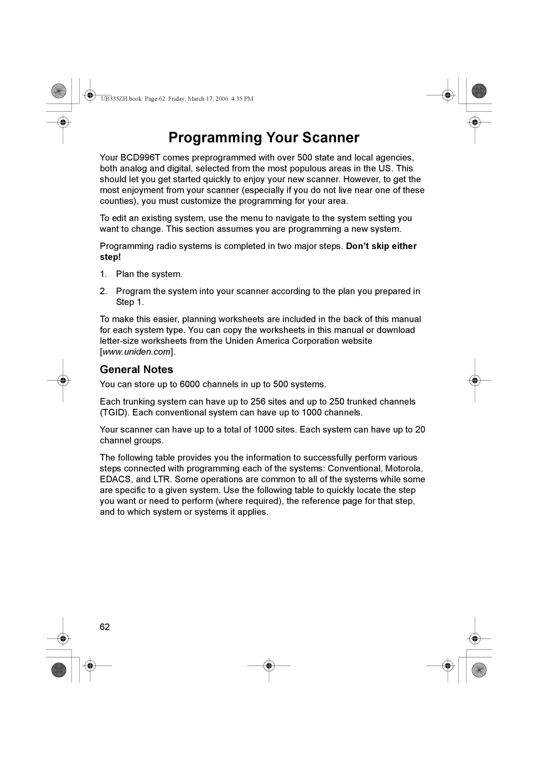 Uniden BCD996T manual Programming Your Scanner, General Notes 