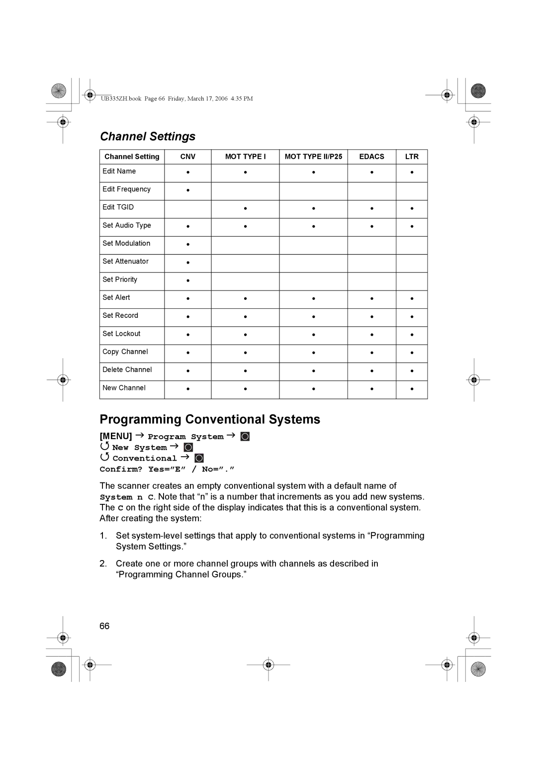 Uniden BCD996T manual Programming Conventional Systems, Channel Settings 