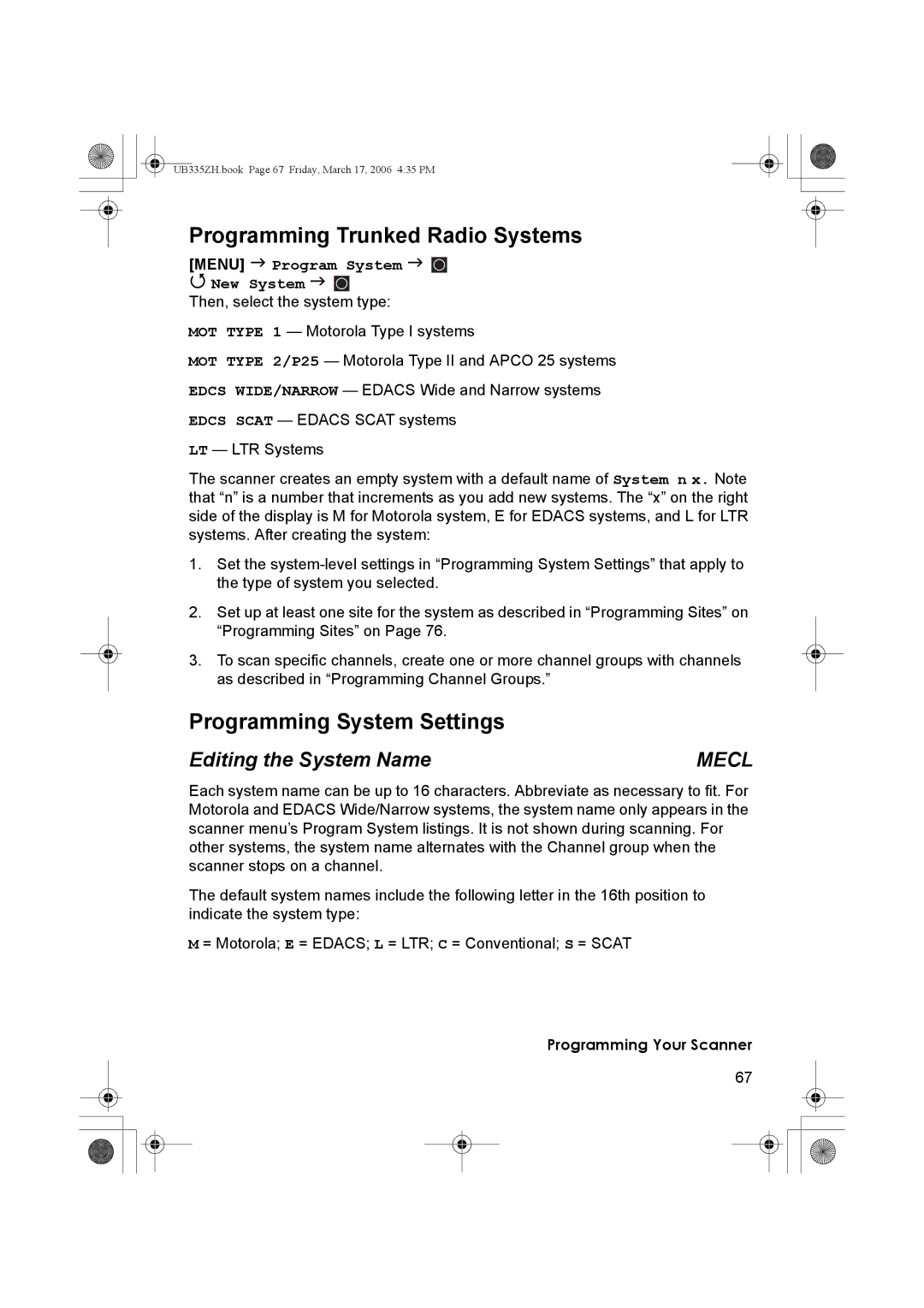 Uniden BCD996T manual Programming Trunked Radio Systems, Programming System Settings, Editing the System Name 