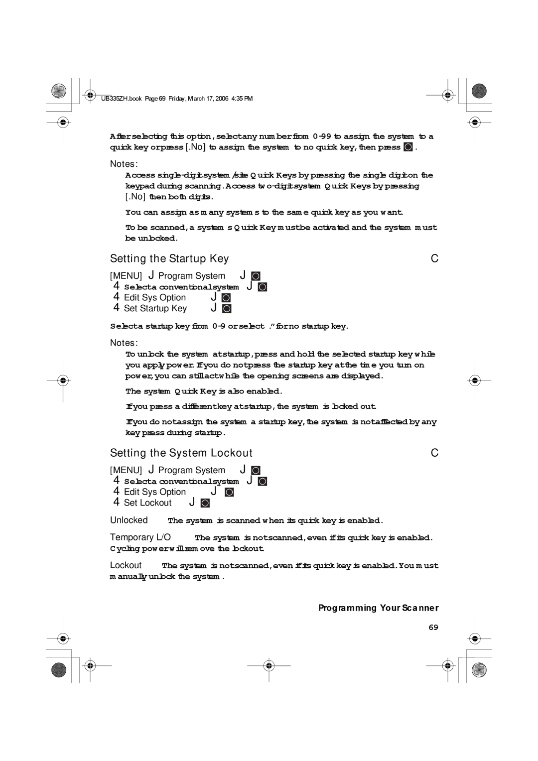 Uniden BCD996T manual Setting the Startup Key, Setting the System Lockout, Edit Sys Option Set Lockout 