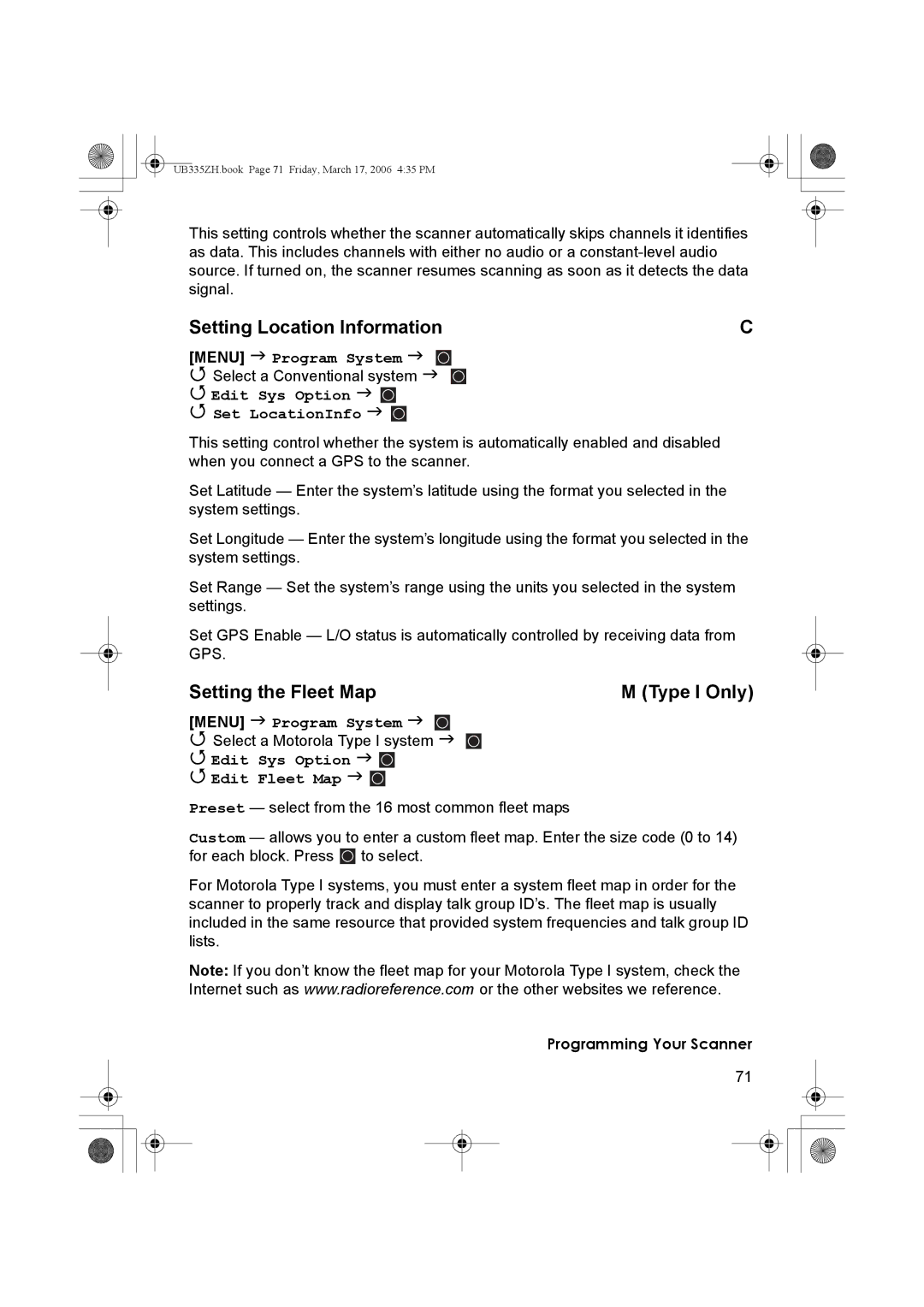 Uniden BCD996T manual Setting Location Information, Setting the Fleet Map Type I Only, Edit Sys Option Set LocationInfo 