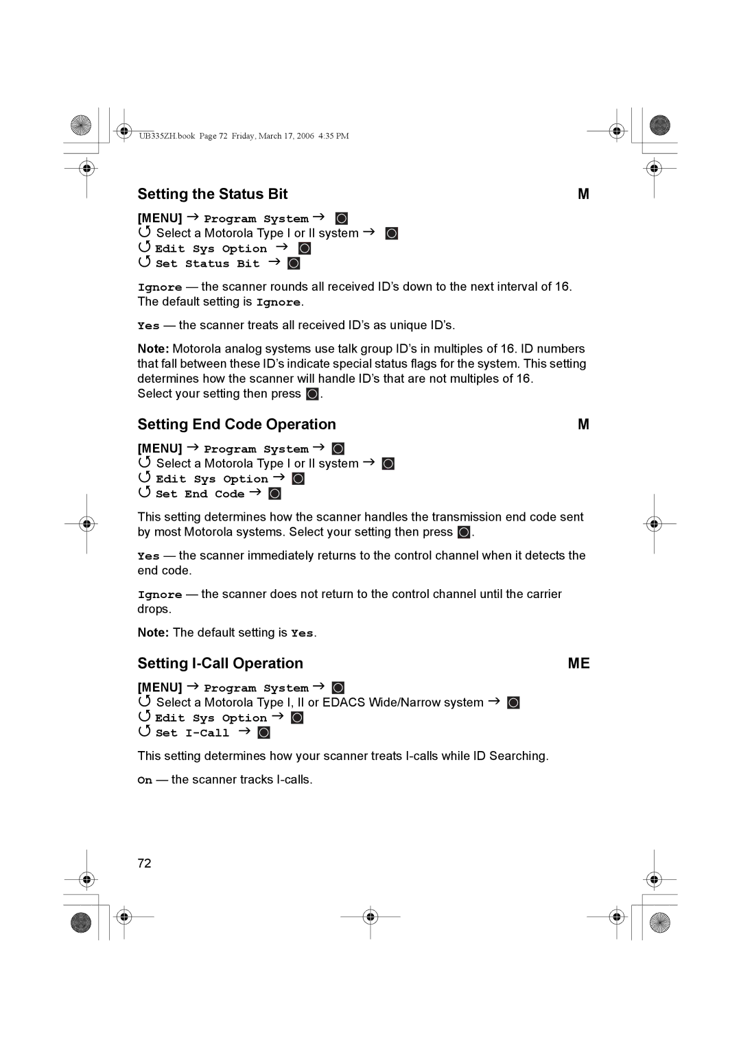 Uniden BCD996T manual Setting the Status Bit, Setting End Code Operation, Setting I-Call Operation 