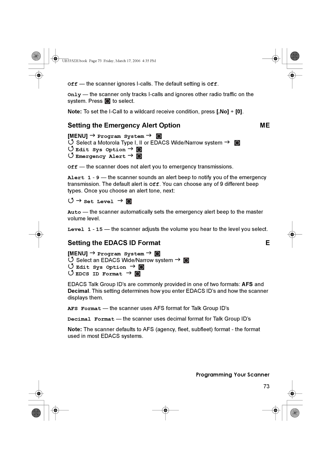 Uniden BCD996T Setting the Emergency Alert Option, Setting the Edacs ID Format, Edit Sys Option Emergency Alert, Set Level 