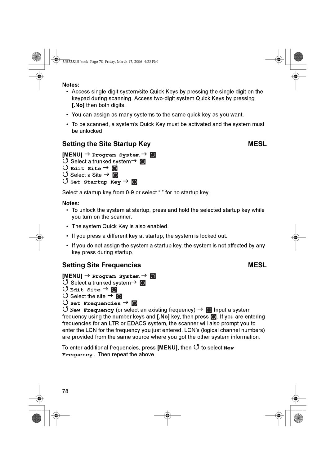 Uniden BCD996T manual Setting the Site Startup Key, Setting Site Frequencies, Set Frequencies 