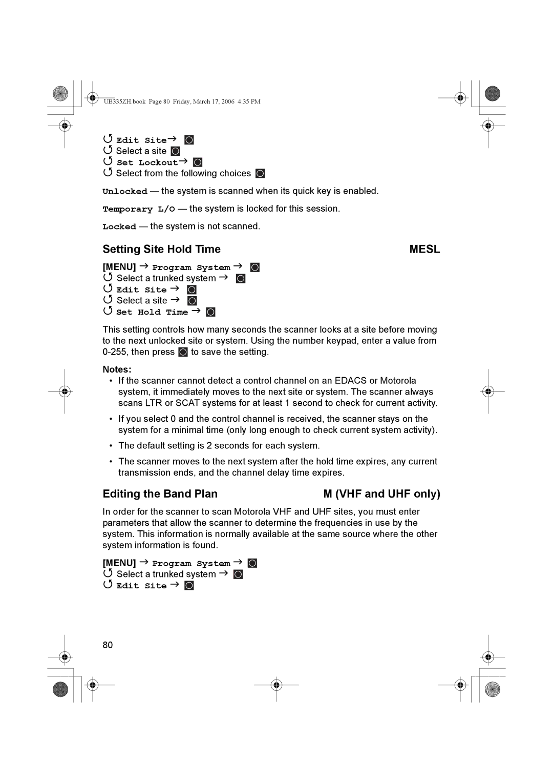 Uniden BCD996T manual Setting Site Hold Time, Editing the Band Plan VHF and UHF only 