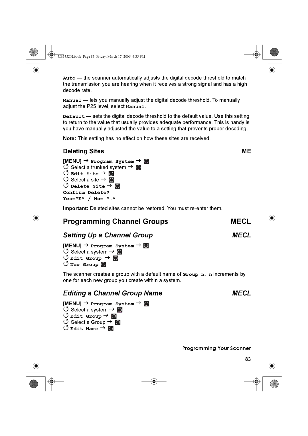 Uniden BCD996T manual Setting Up a Channel Group, Editing a Channel Group Name, Deleting Sites 