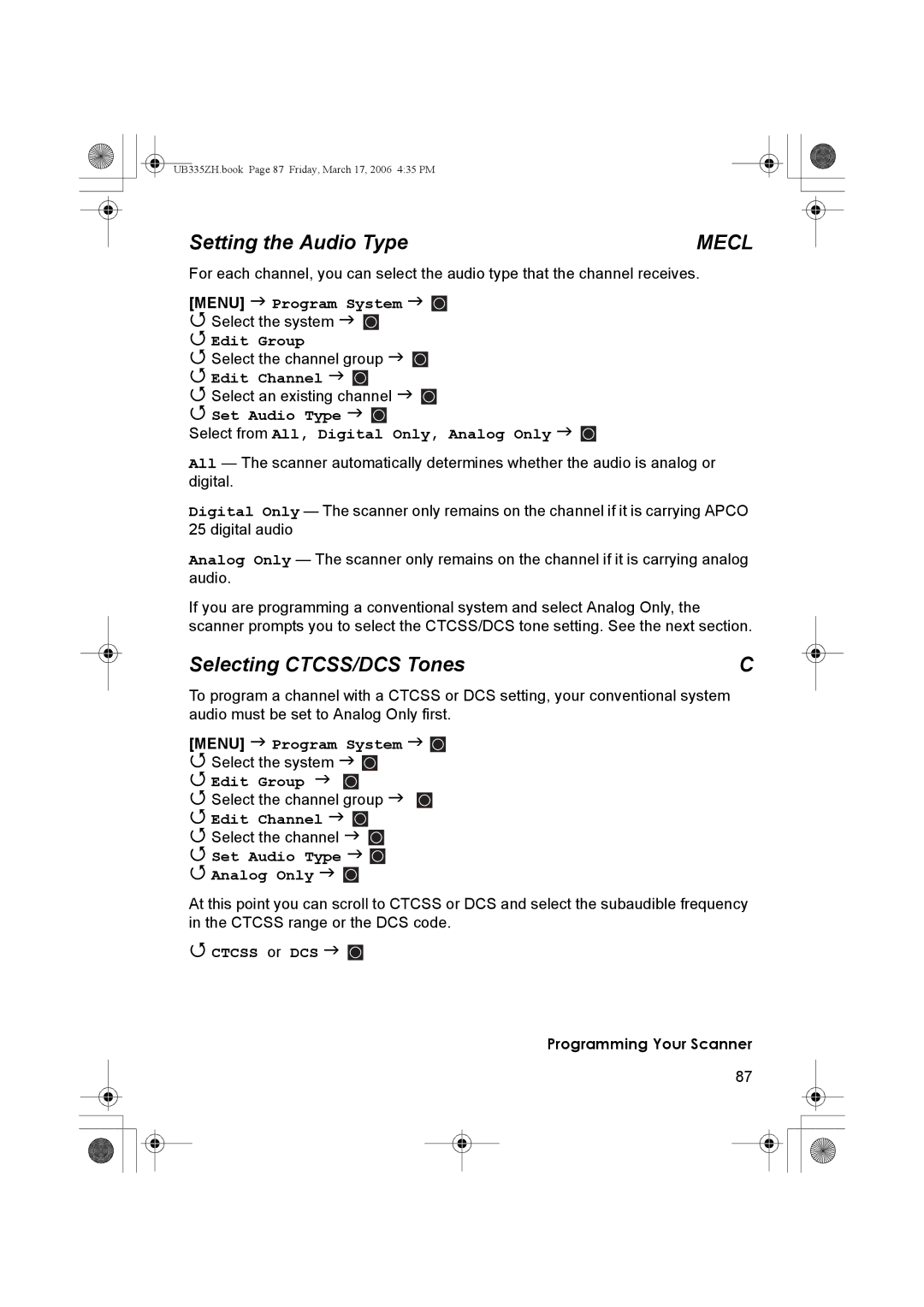 Uniden BCD996T manual Setting the Audio Type, Selecting CTCSS/DCS Tones, Set Audio Type Analog Only, Ctcss or DCS 