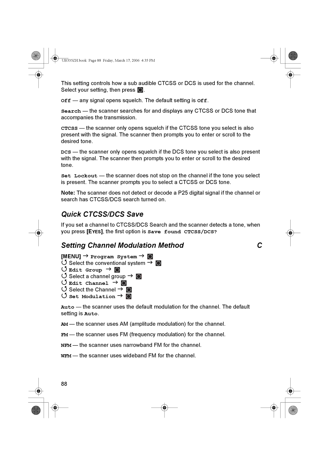 Uniden BCD996T manual Quick CTCSS/DCS Save, Setting Channel Modulation Method 