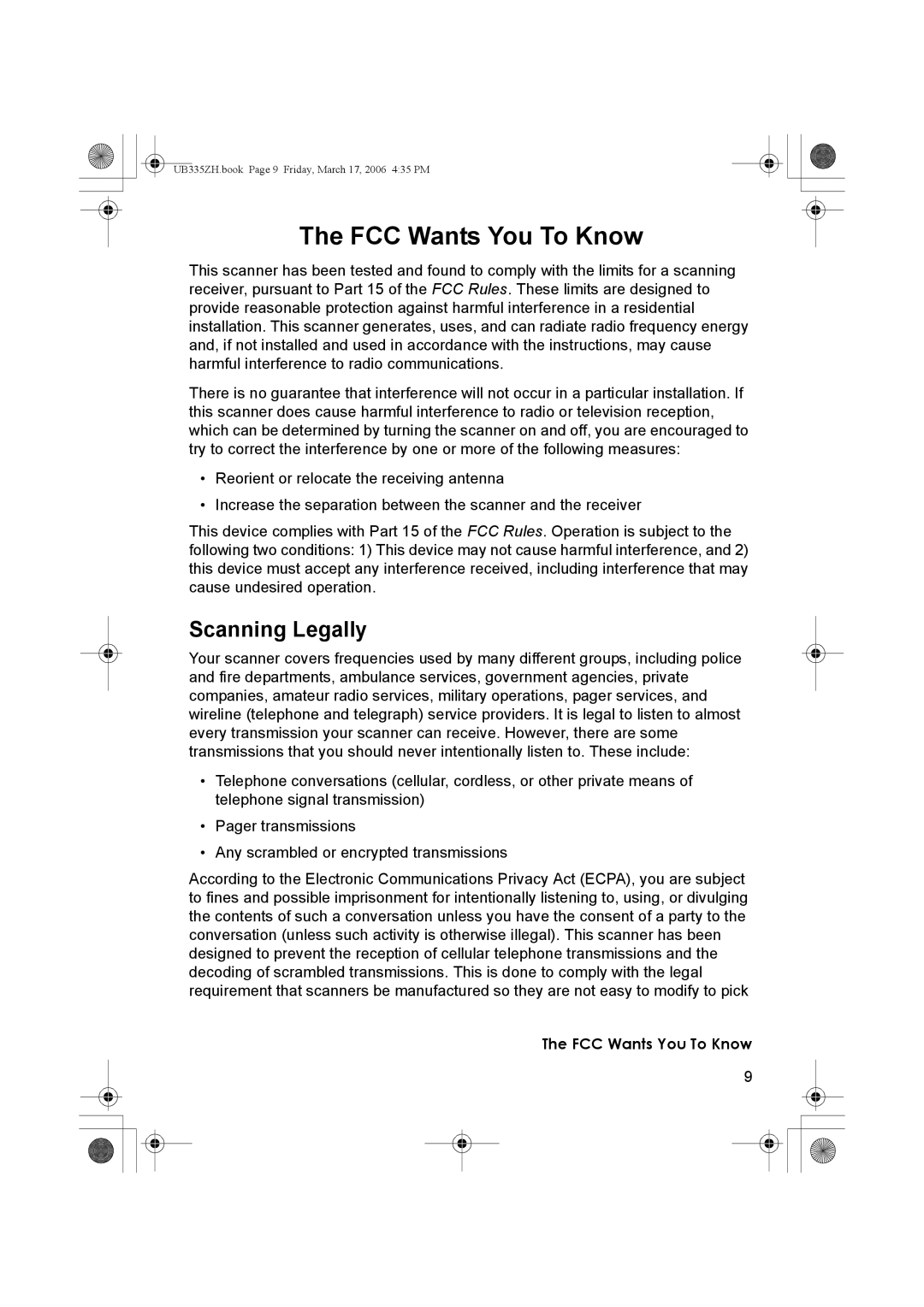 Uniden BCD996T manual FCC Wants You To Know, Scanning Legally 