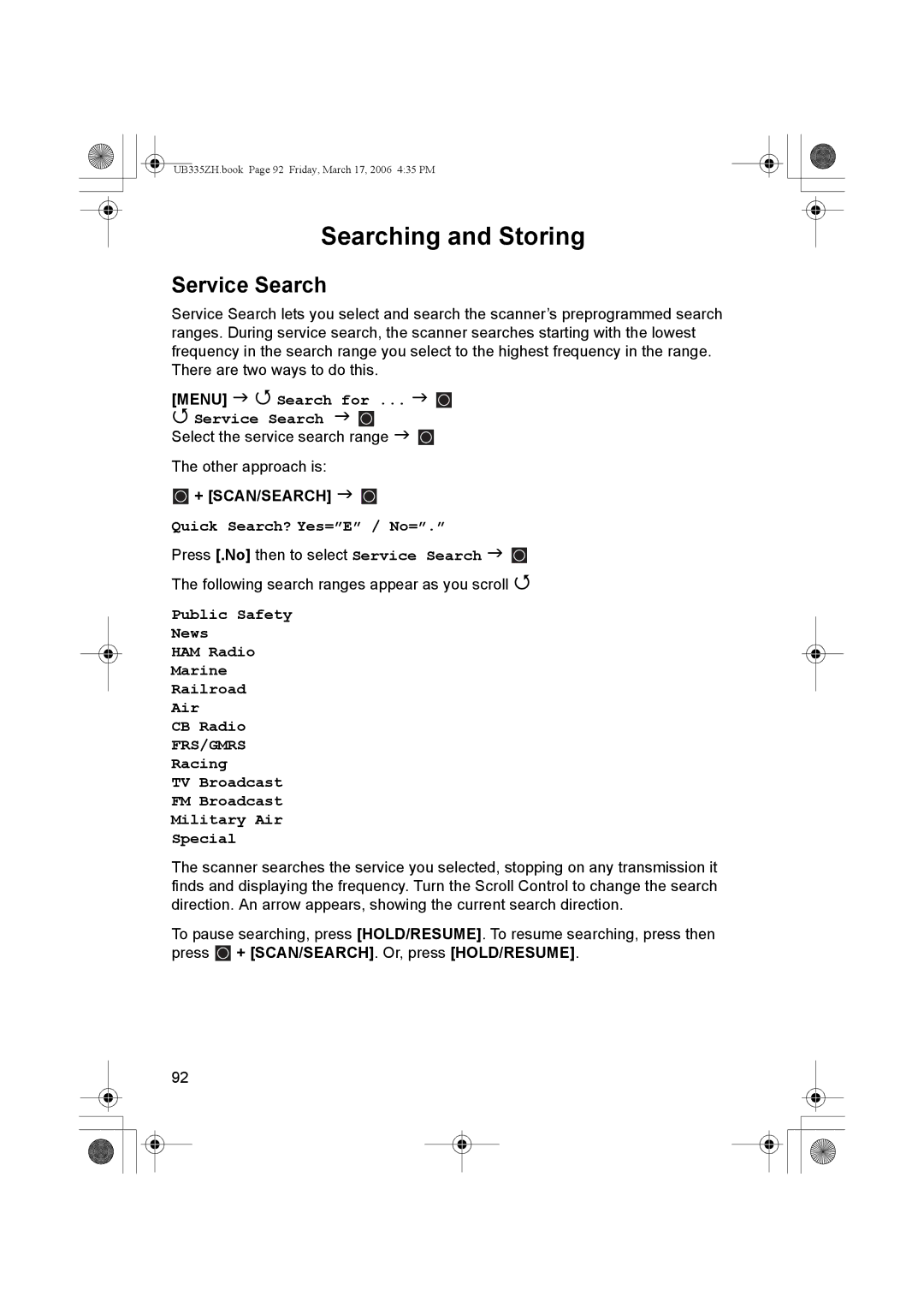 Uniden BCD996T manual Searching and Storing, Service Search 