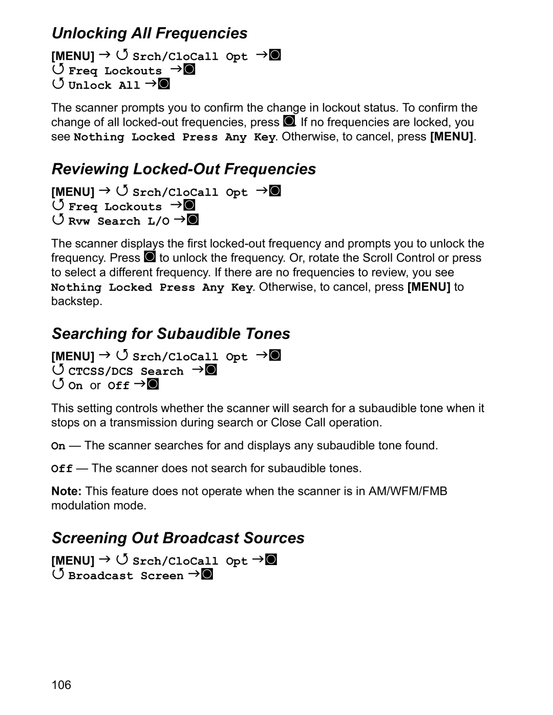 Uniden BCD996T manual Unlocking All Frequencies, Reviewing Locked-Out Frequencies, Searching for Subaudible Tones 