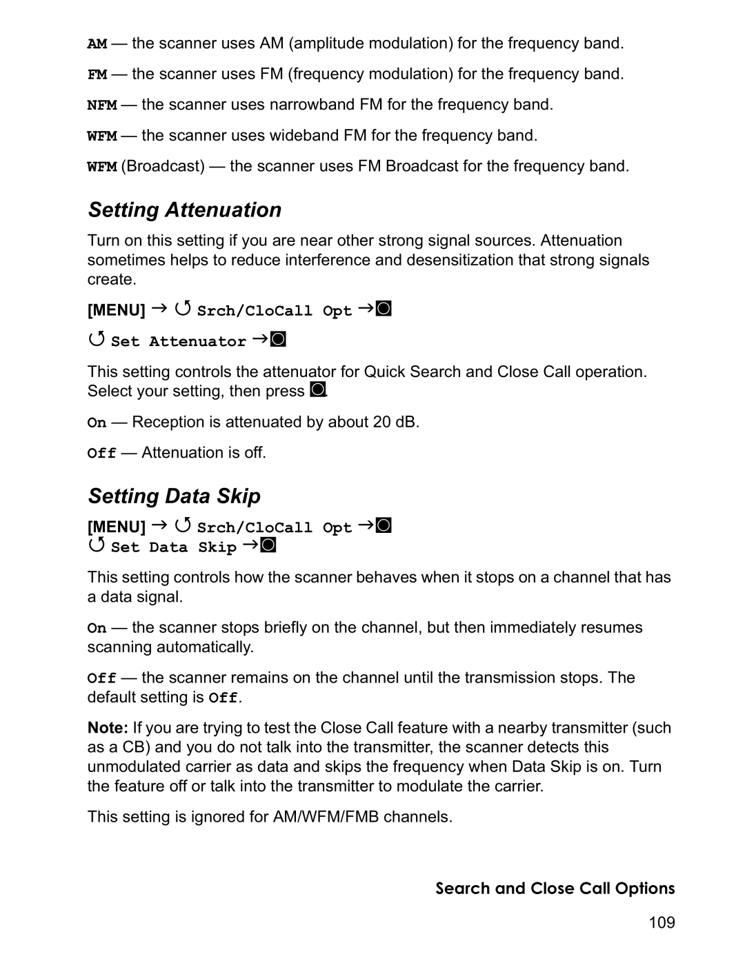 Uniden BCD996T manual Setting Attenuation, Setting Data Skip, Menu J 4 Srch/CloCall Opt JF Set Attenuator JF 