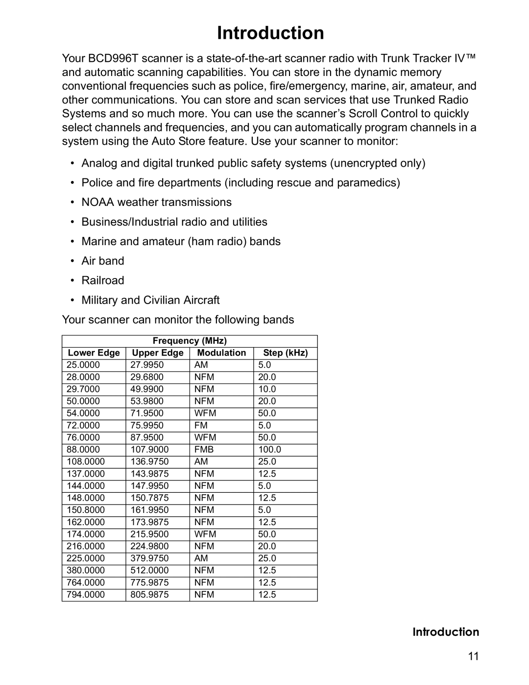 Uniden BCD996T manual Introduction, Frequency MHz Lower Edge Upper Edge Modulation Step kHz 