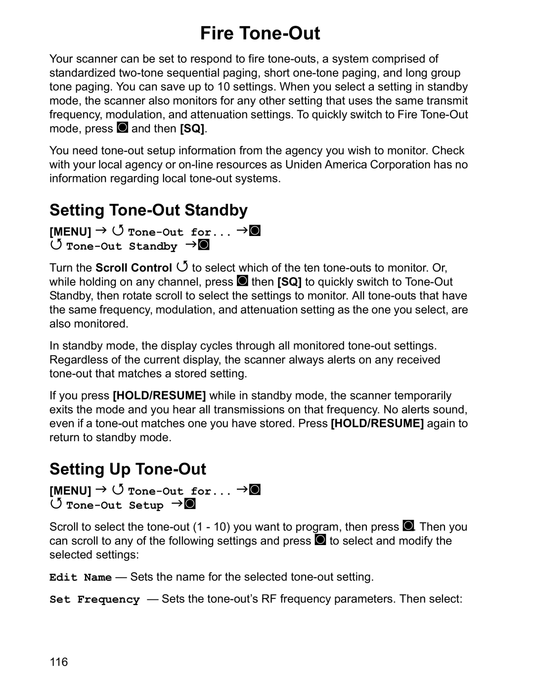 Uniden BCD996T manual Fire Tone-Out, Setting Tone-Out Standby, Setting Up Tone-Out 