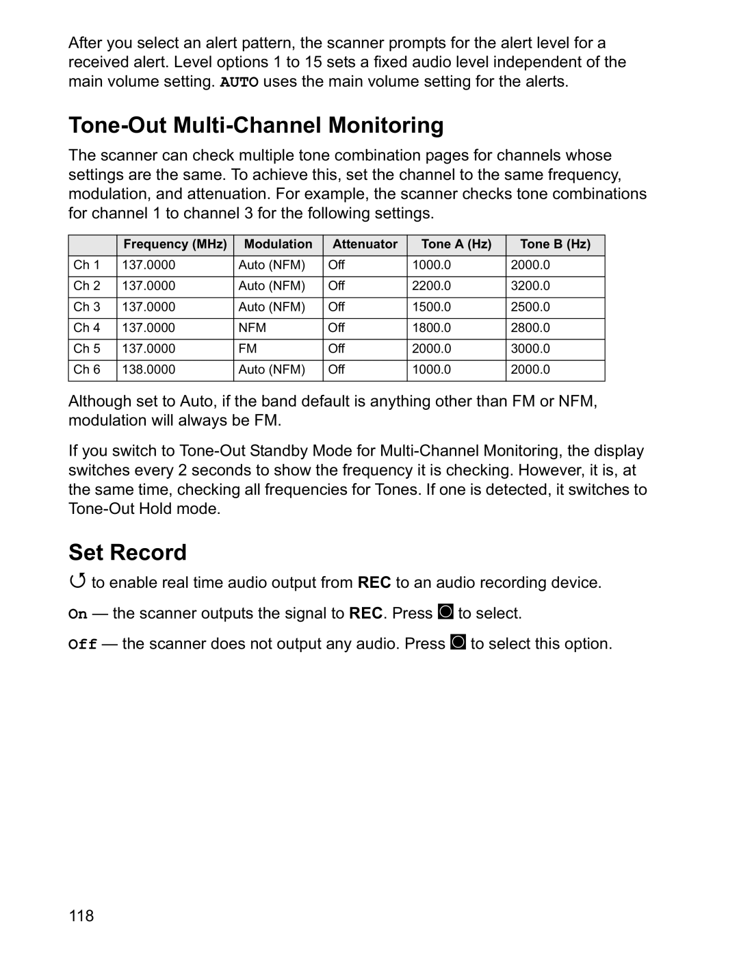 Uniden BCD996T manual Tone-Out Multi-Channel Monitoring, Frequency MHz Modulation Attenuator Tone a Hz Tone B Hz 