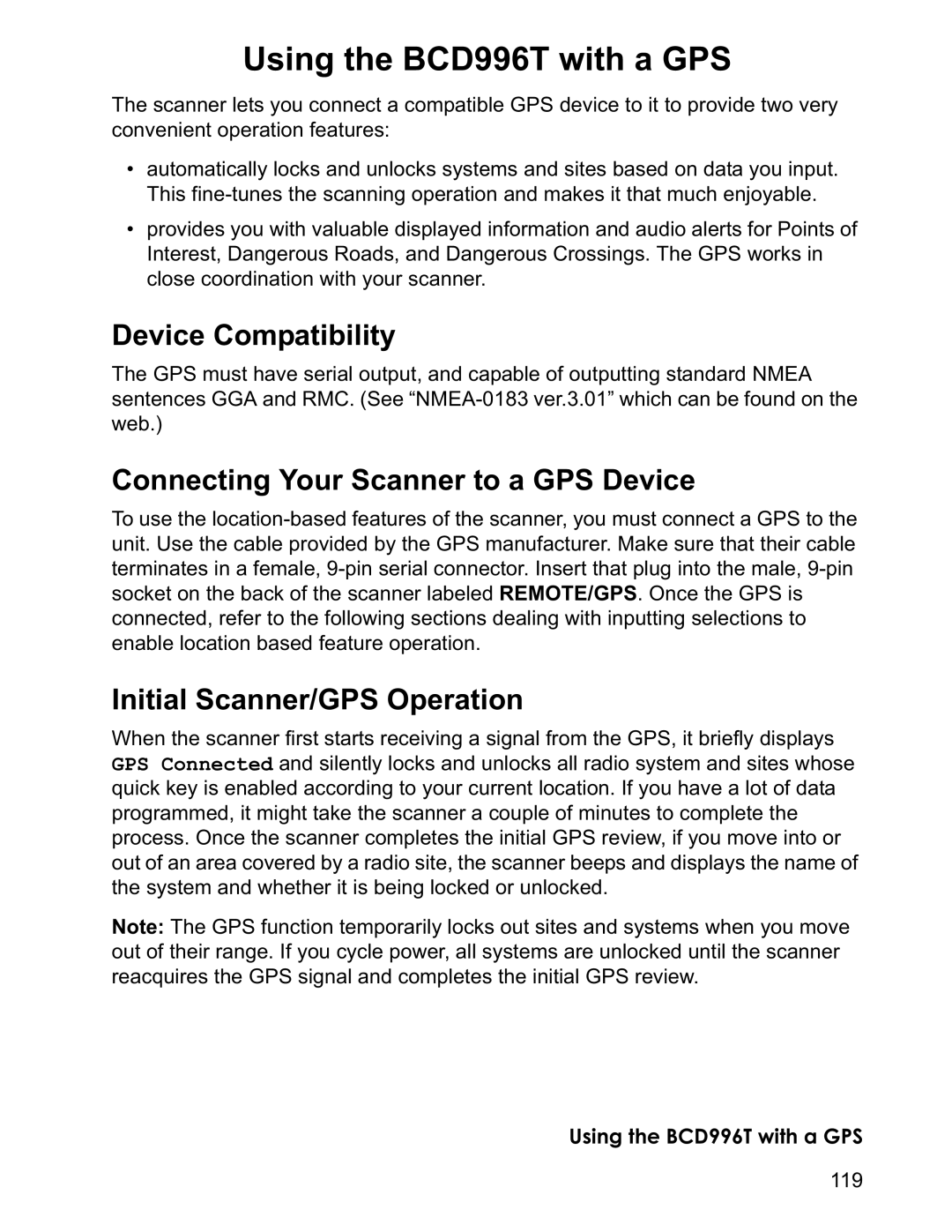 Uniden manual Using the BCD996T with a GPS, Device Compatibility, Connecting Your Scanner to a GPS Device 