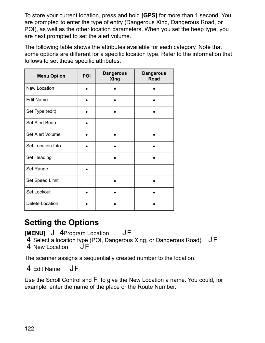 Uniden BCD996T manual Setting the Options, Menu J 4 Program Location JF, New Location JF, Menu Option, Xing 