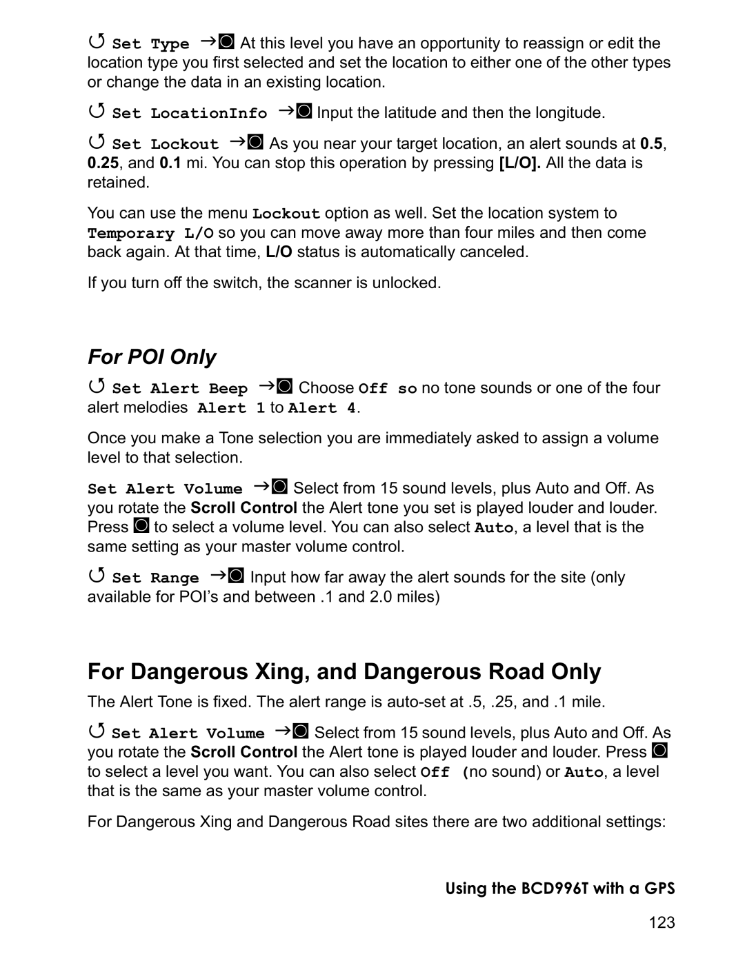 Uniden BCD996T manual For Dangerous Xing, and Dangerous Road Only, For POI Only 