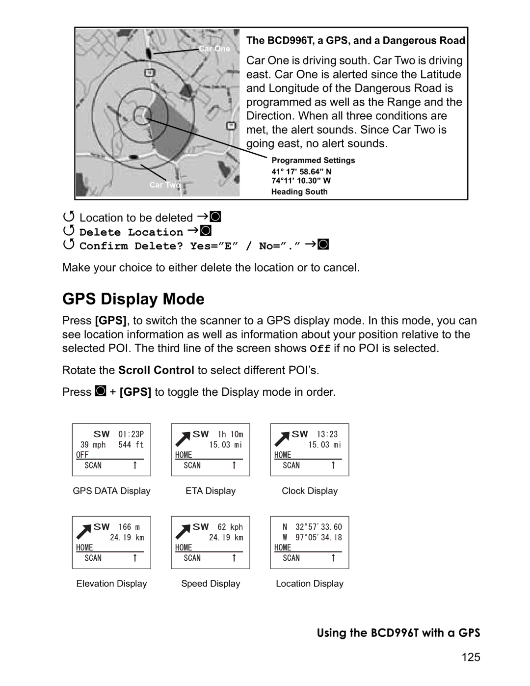 Uniden BCD996T manual GPS Display Mode, Delete Location JF Confirm Delete? Yes=E / No=. JF 