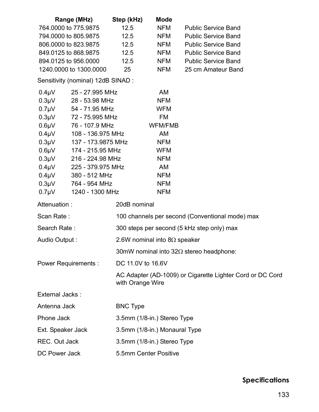 Uniden BCD996T manual Specifications, 133 