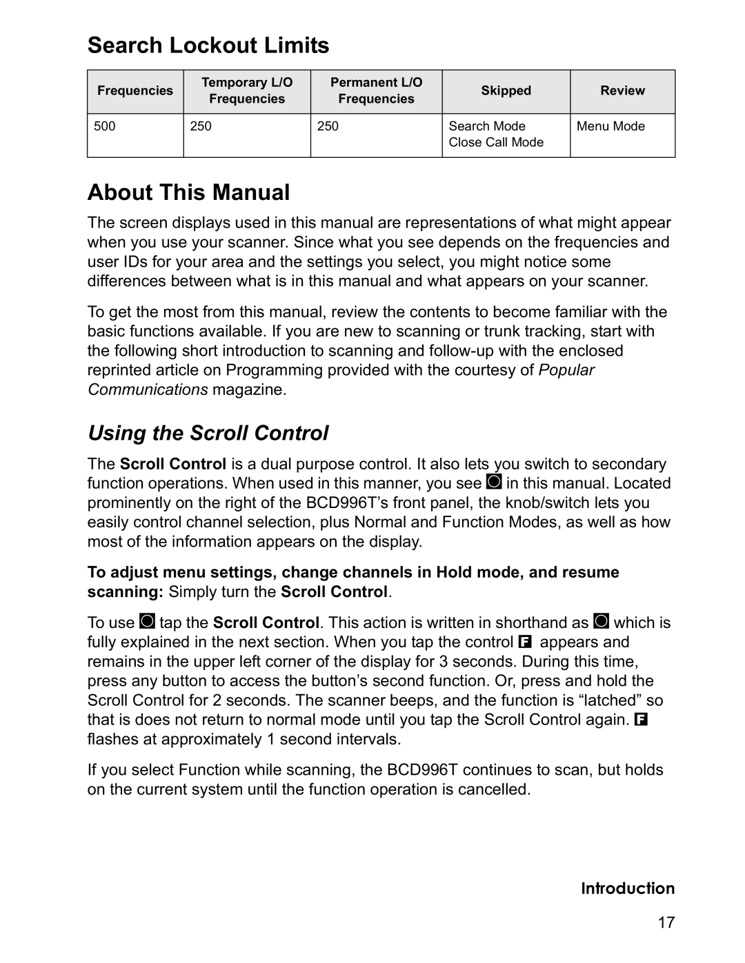 Uniden BCD996T manual Search Lockout Limits, About This Manual, Using the Scroll Control 