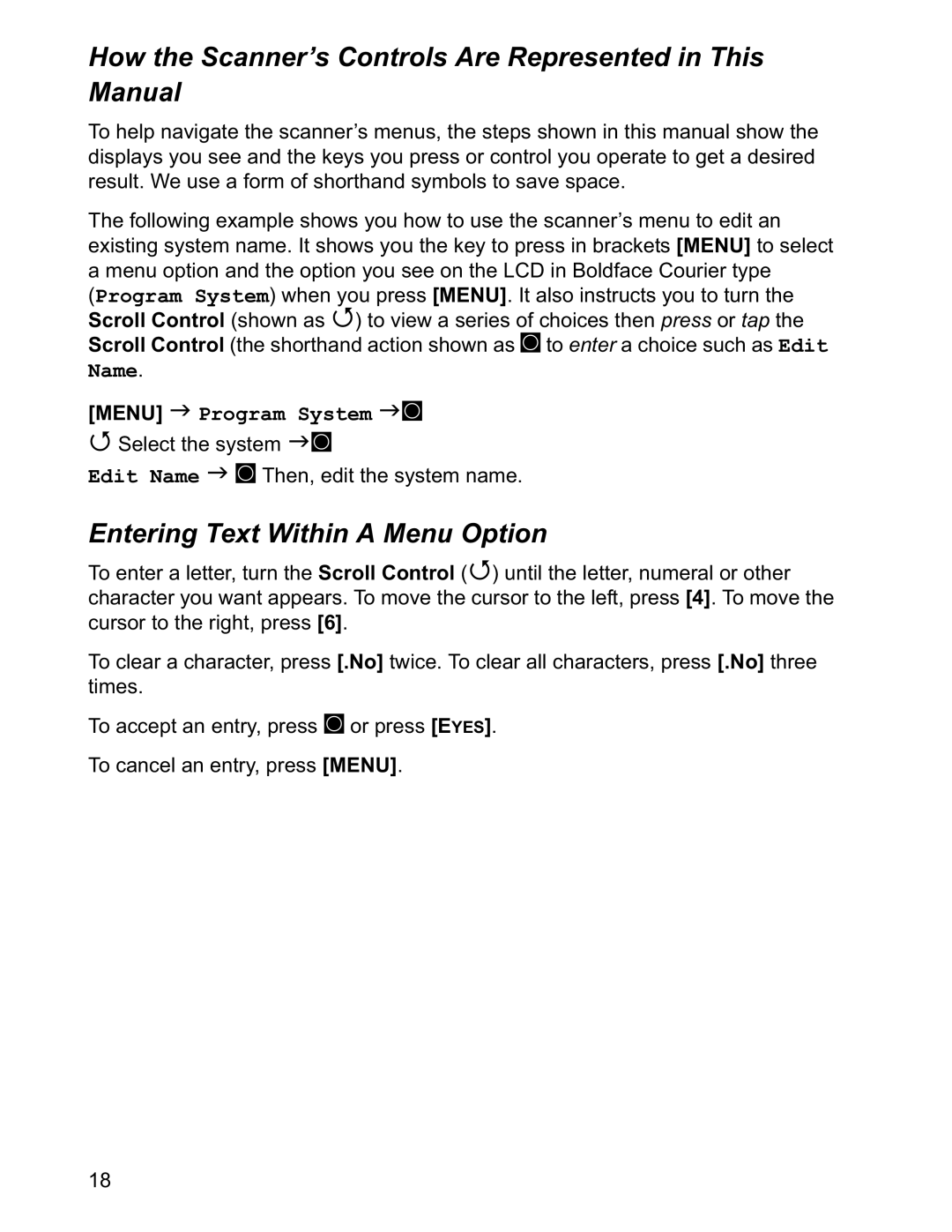 Uniden BCD996T manual How the Scanner’s Controls Are Represented in This Manual, Entering Text Within a Menu Option 