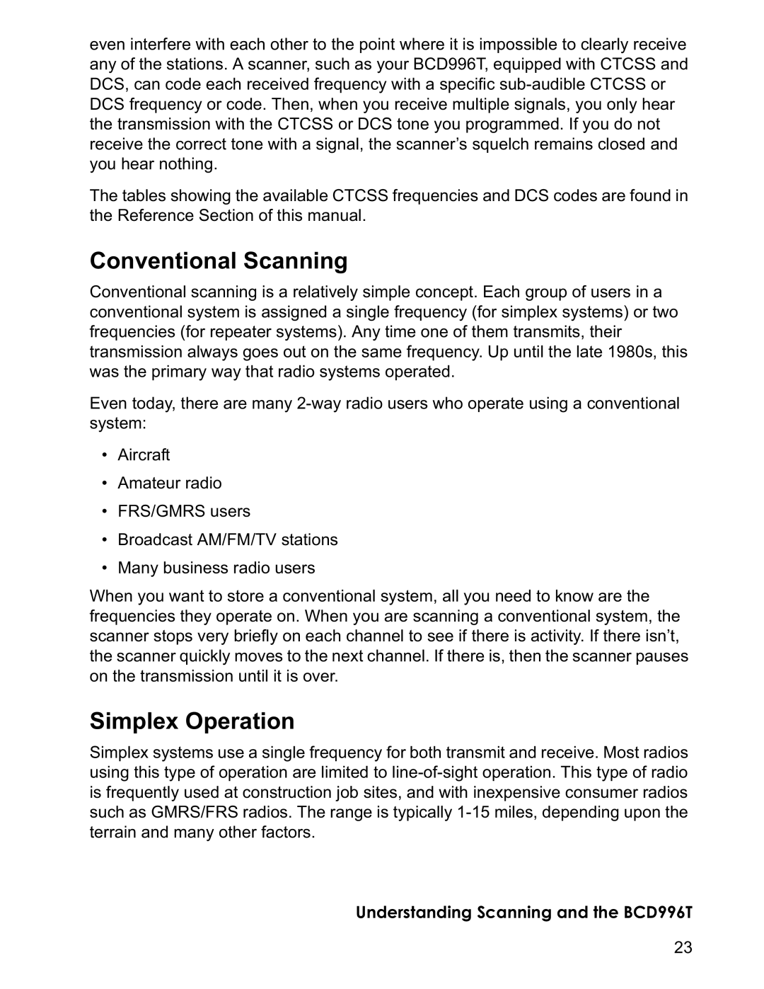 Uniden BCD996T manual Conventional Scanning, Simplex Operation 