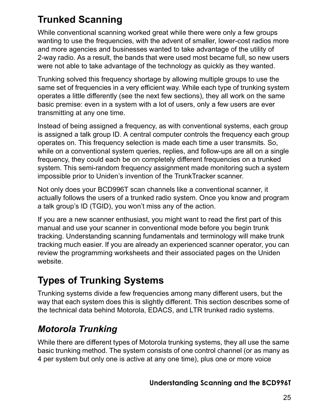 Uniden BCD996T manual Trunked Scanning, Types of Trunking Systems, Motorola Trunking 