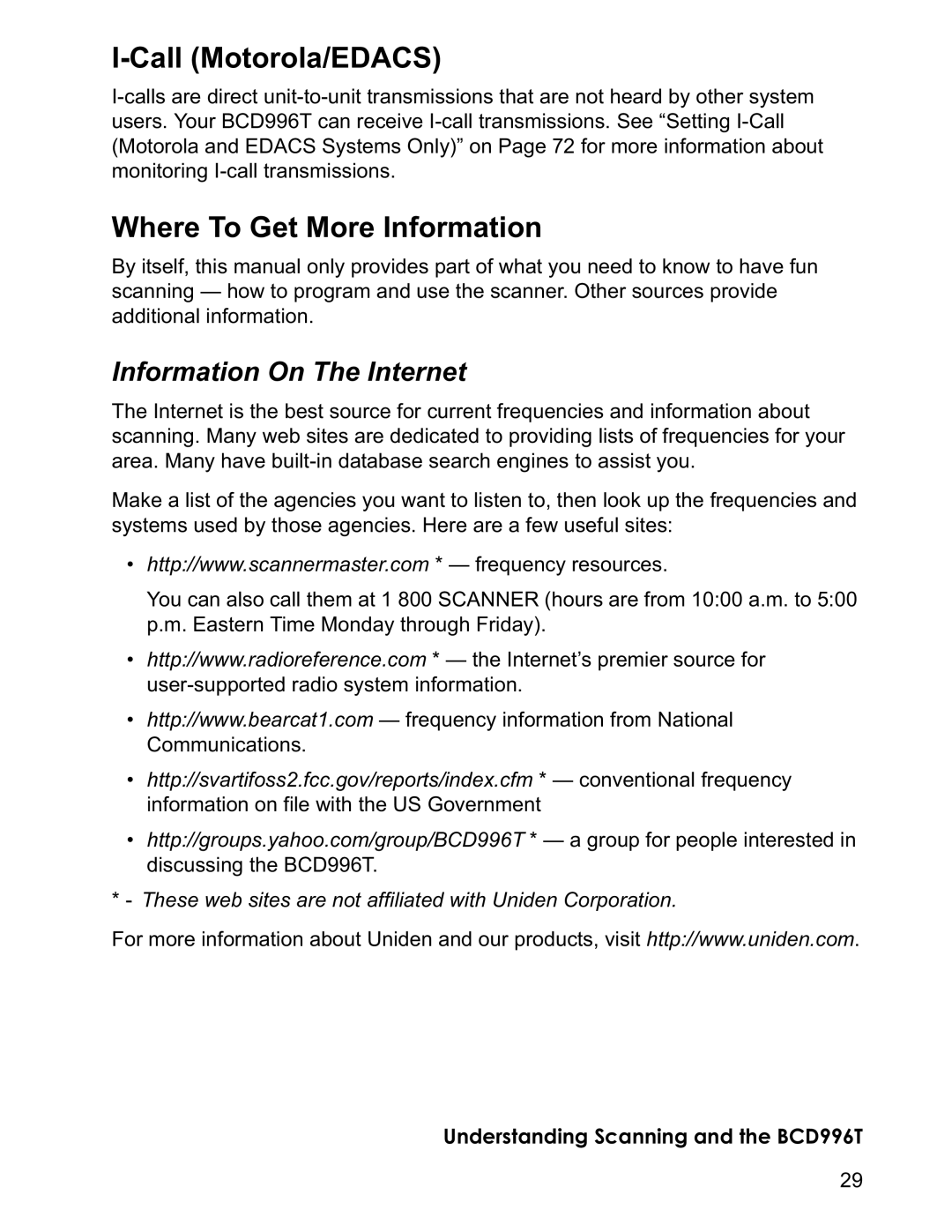 Uniden BCD996T manual Call Motorola/EDACS, Where To Get More Information, Information On The Internet 