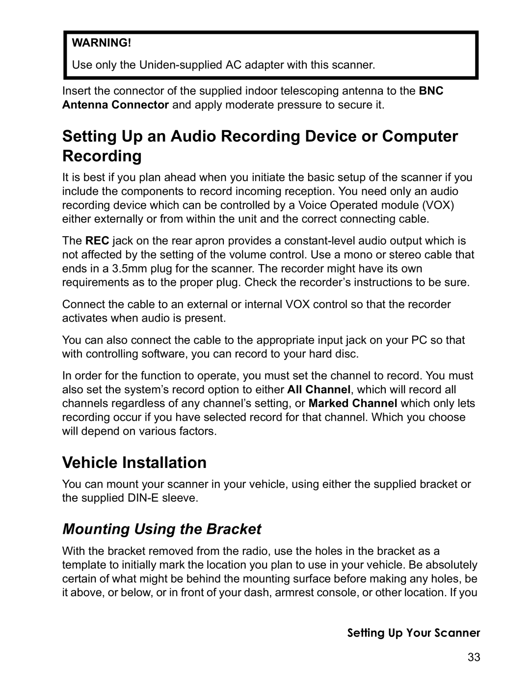 Uniden BCD996T manual Setting Up an Audio Recording Device or Computer Recording, Vehicle Installation 