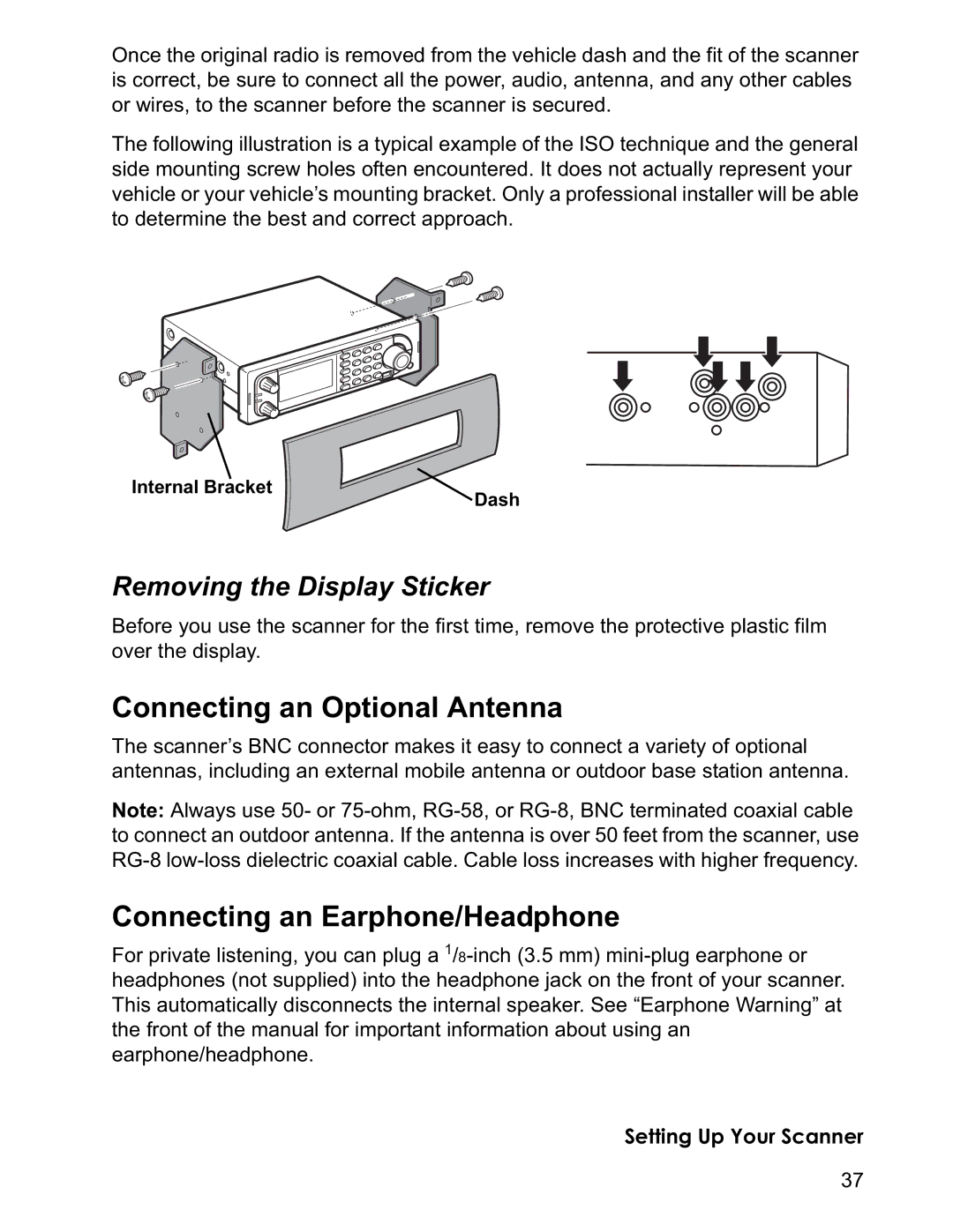 Uniden BCD996T manual Connecting an Optional Antenna, Connecting an Earphone/Headphone, Removing the Display Sticker 