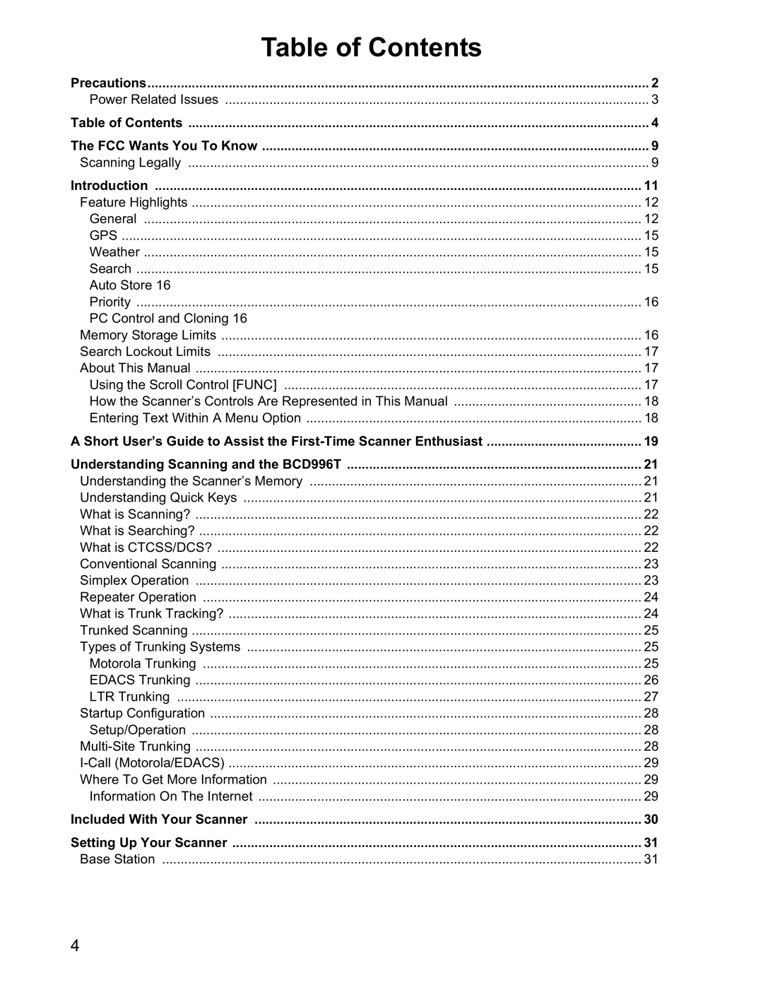 Uniden BCD996T manual Table of Contents 