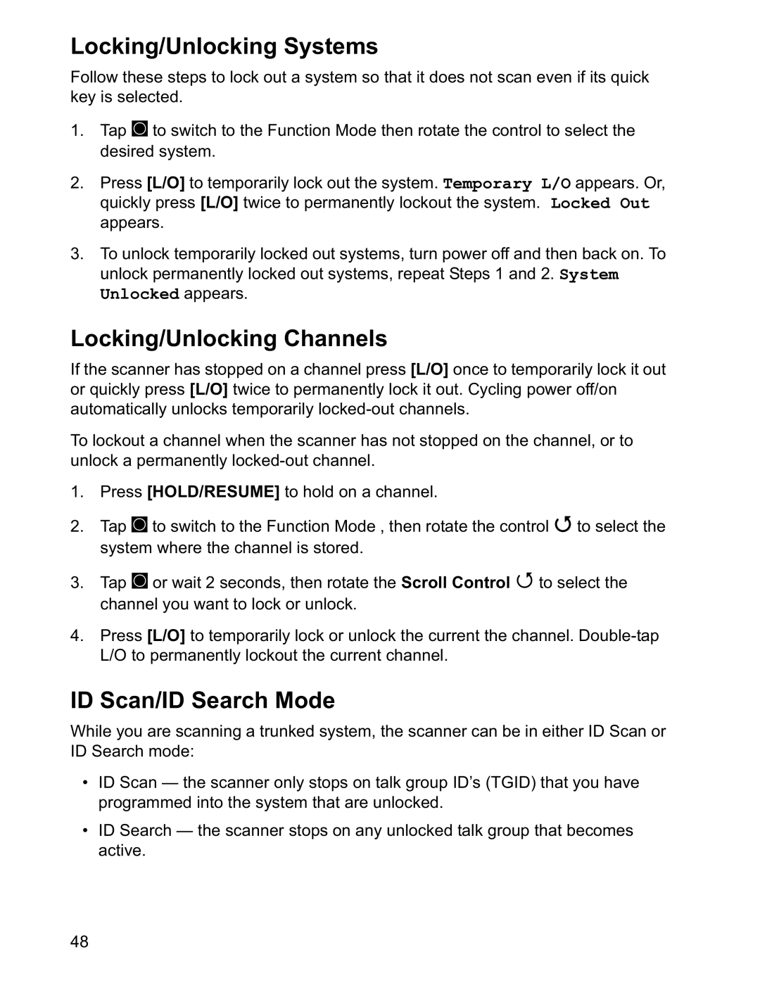 Uniden BCD996T manual Locking/Unlocking Systems, Locking/Unlocking Channels, ID Scan/ID Search Mode 