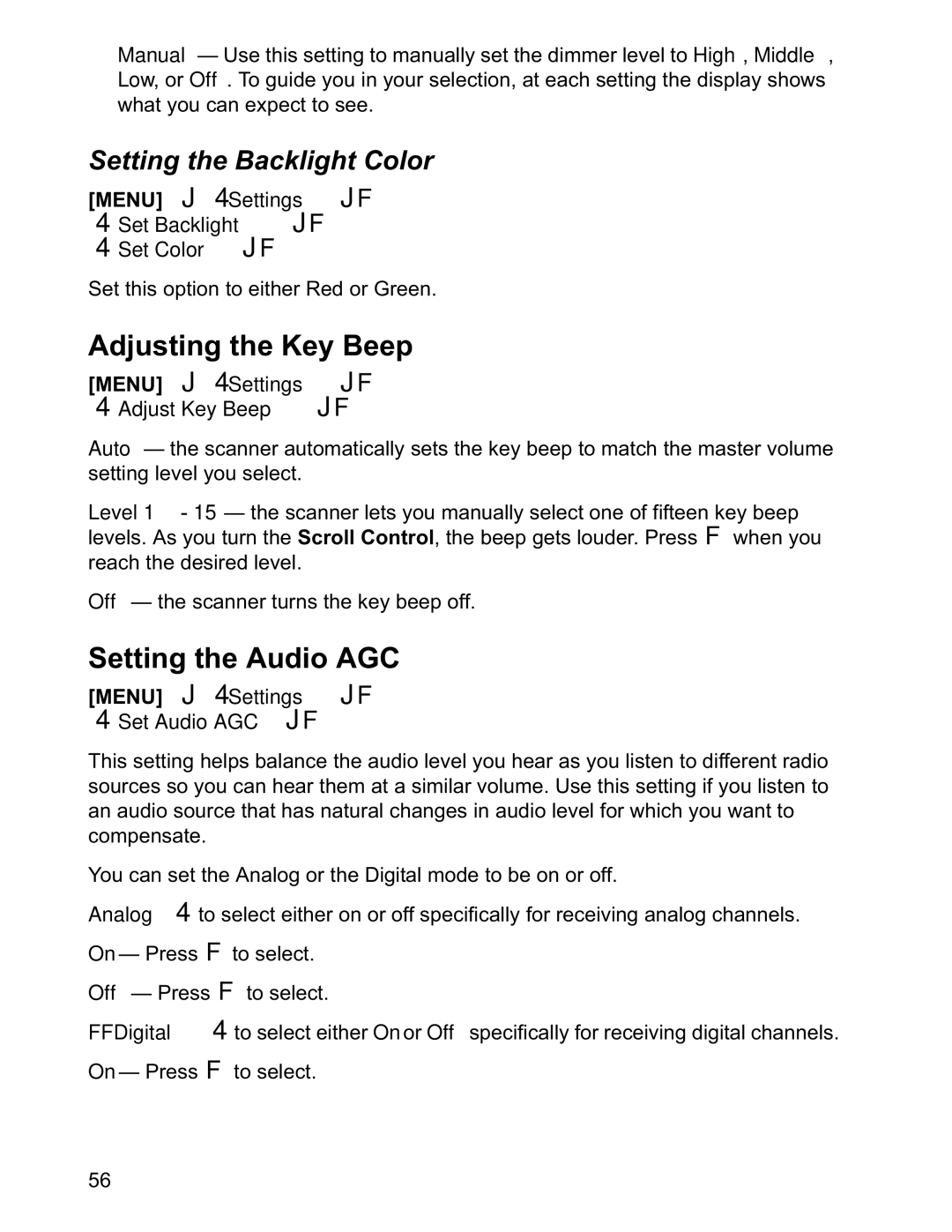 Uniden BCD996T manual Adjusting the Key Beep, Setting the Audio AGC, Setting the Backlight Color 