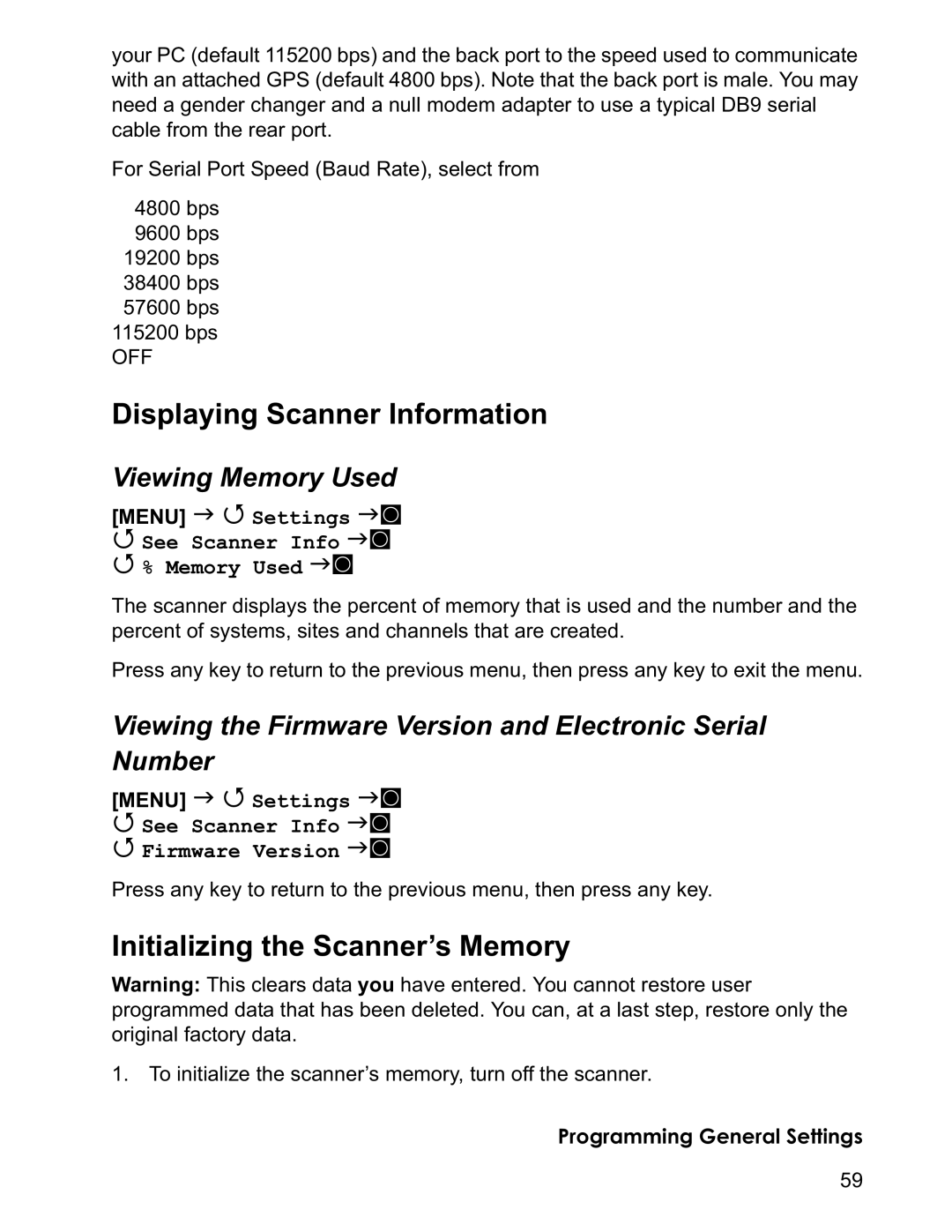 Uniden BCD996T manual Displaying Scanner Information, Initializing the Scanner’s Memory, Viewing Memory Used 