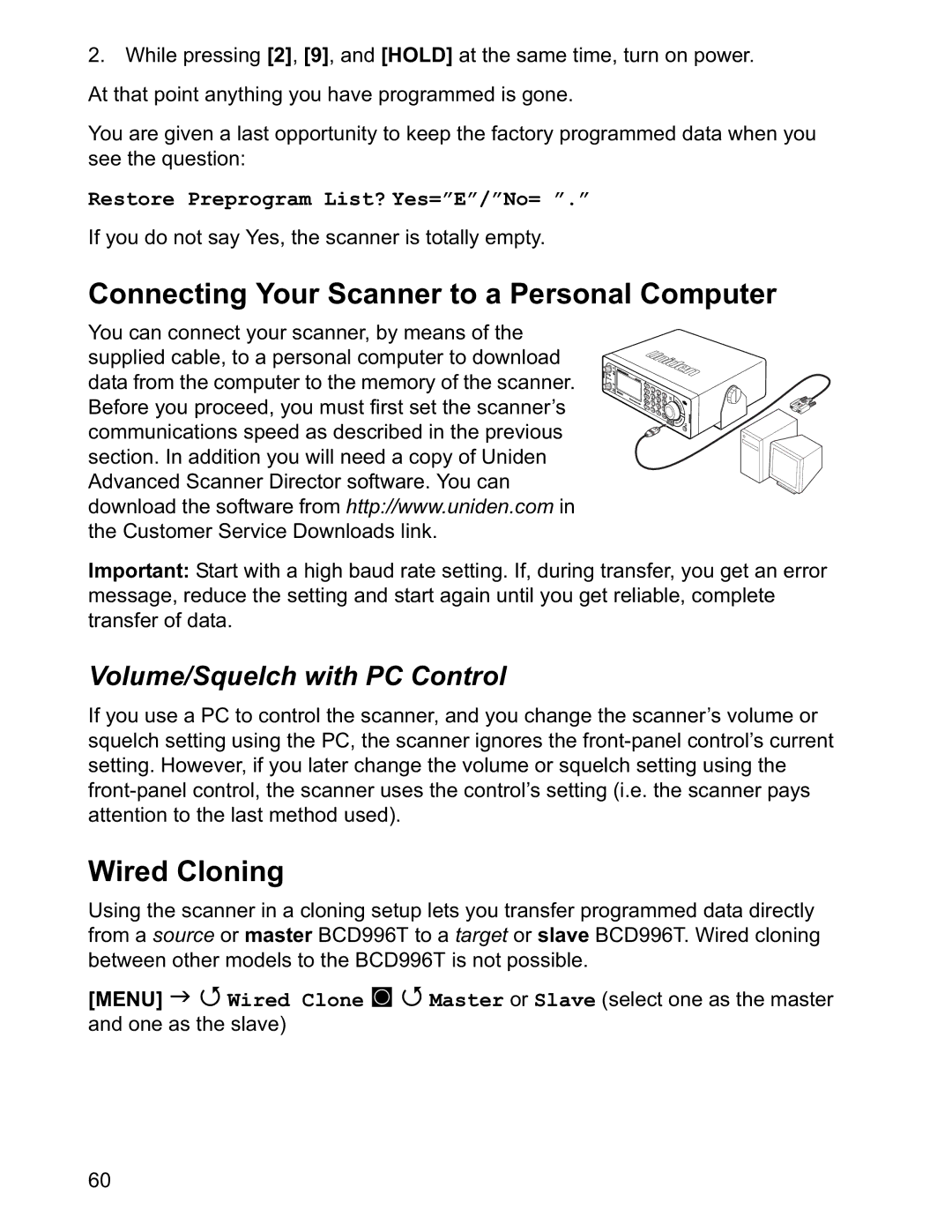 Uniden BCD996T manual Connecting Your Scanner to a Personal Computer, Wired Cloning, Volume/Squelch with PC Control 